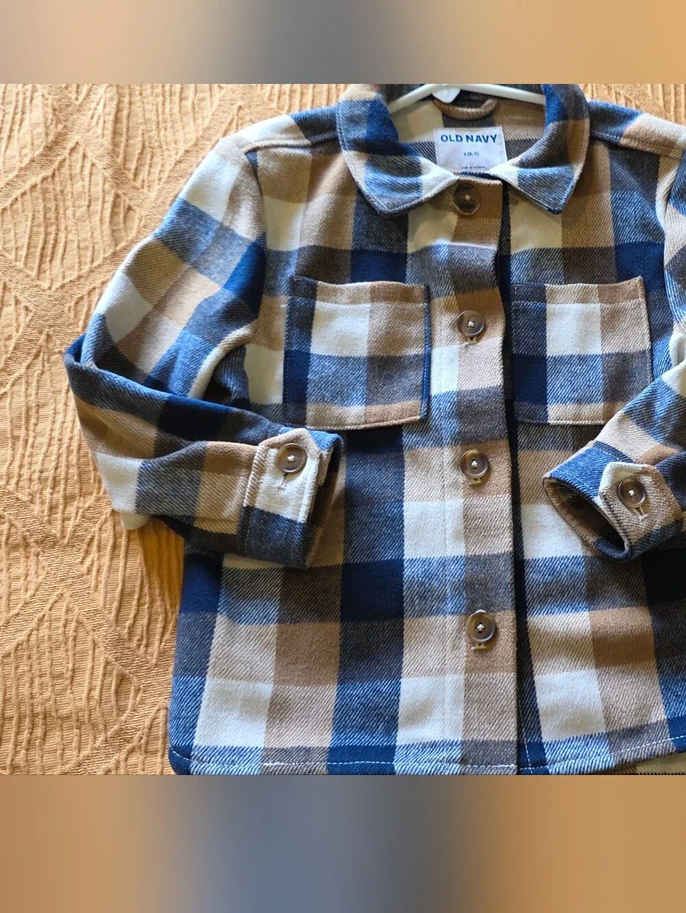 Kids Old Navy Blue and Brown Plaid Flannel Shirt Jacket.